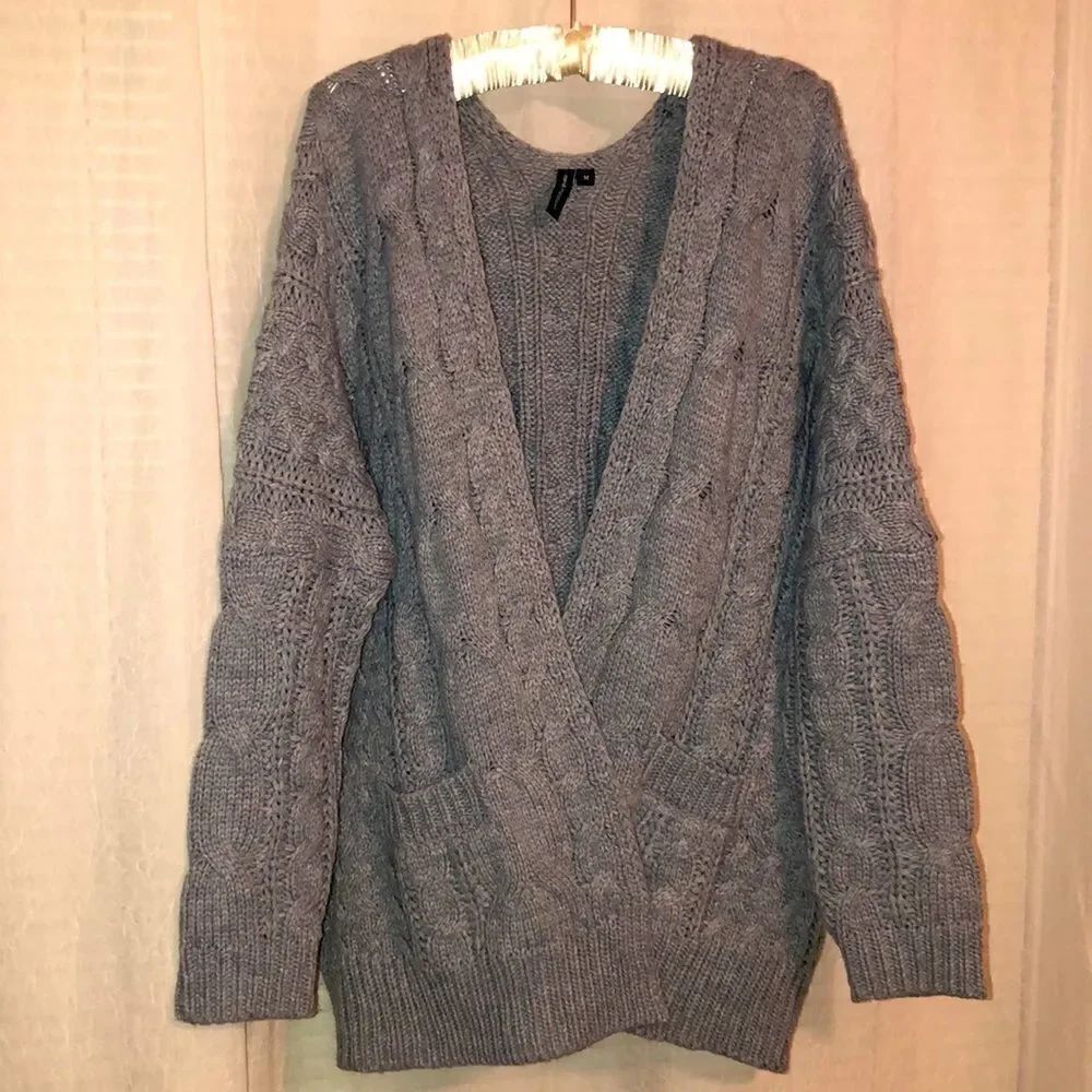 moon & madison M Gray Chunky Cable Knit Open Front Cardigan w Pockets